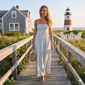 Caroline Constas Linen Blend Strapless Maxi Dress XS Blue Costal Resort NWT